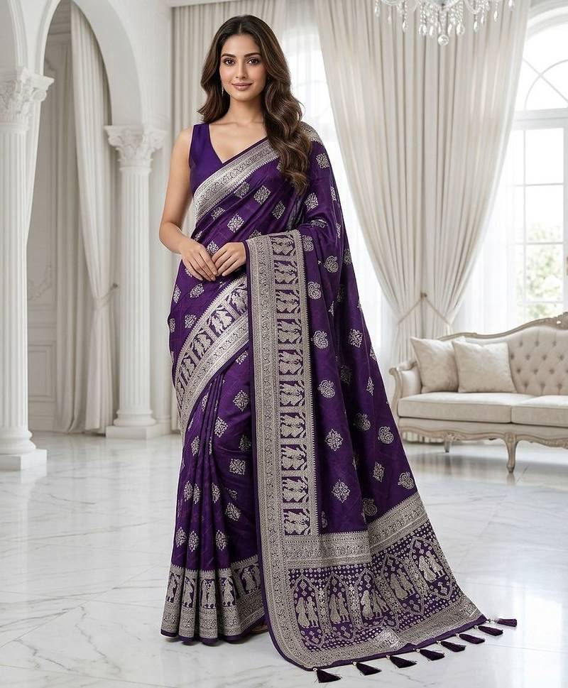 Wine purple pre draped zari saree
