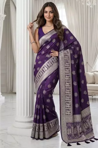 Wine purple pre draped zari saree