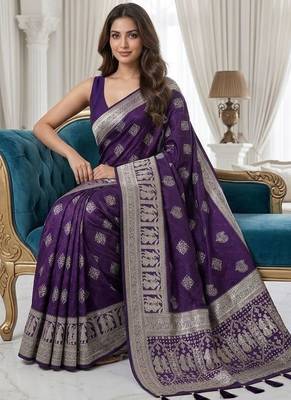 Wine purple pre draped zari saree 3