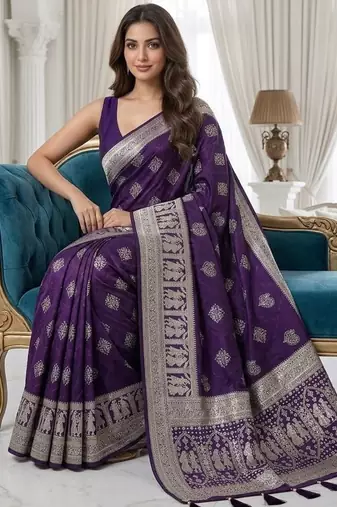 Wine purple pre draped zari saree