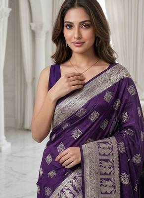 Wine purple pre draped zari saree 4