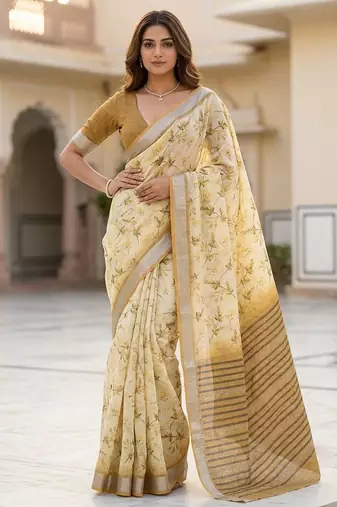 Yellow floral readymade cotton saree