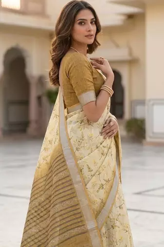 Yellow floral readymade cotton saree
