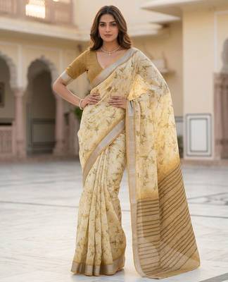 Yellow floral readymade cotton saree 3