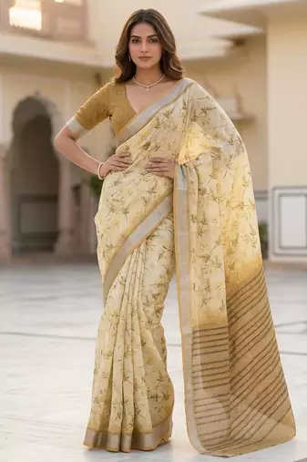 Yellow floral readymade cotton saree