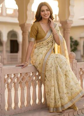 Yellow floral readymade cotton saree 4