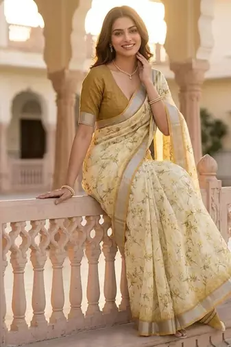 Yellow floral readymade cotton saree