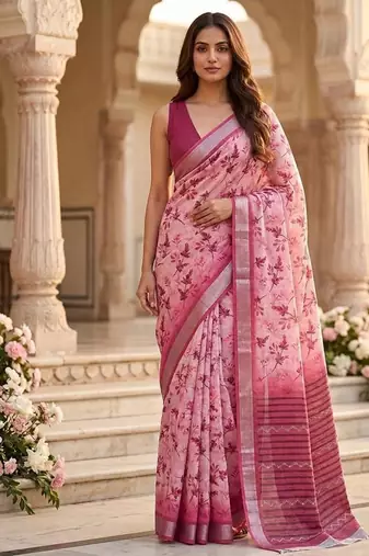 Rose pink pre stitched floral saree