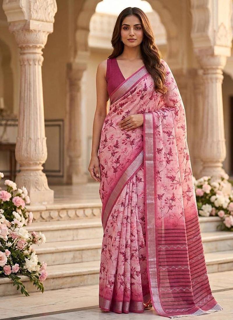 Rose pink pre stitched floral saree