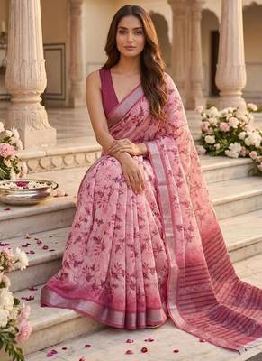 Rose pink pre stitched floral saree 3