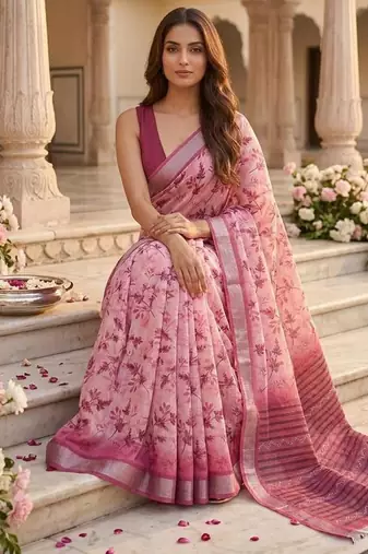 Rose pink pre stitched floral saree
