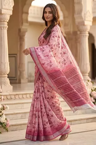 Rose pink pre stitched floral saree