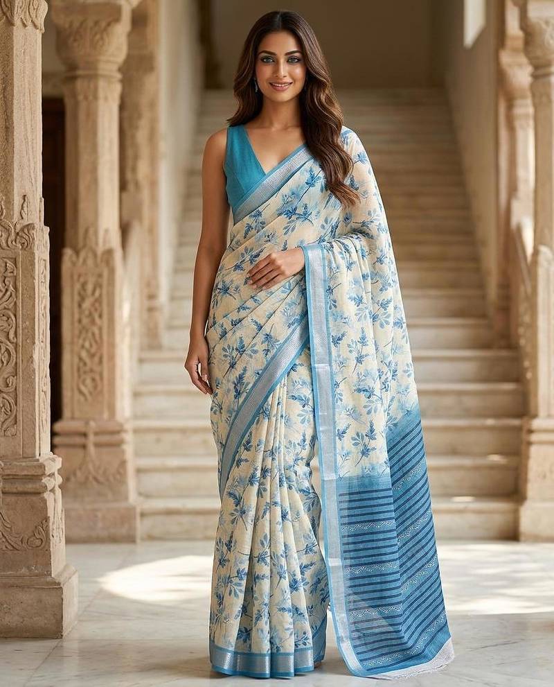 White blue ready pleated floral saree