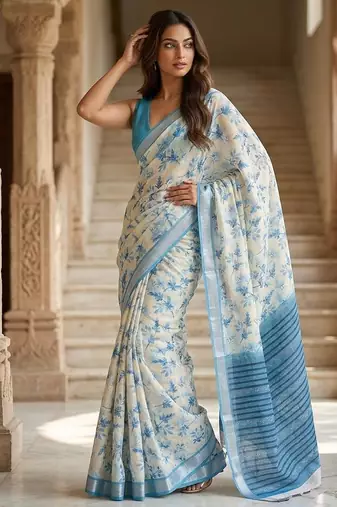 White blue ready pleated floral saree