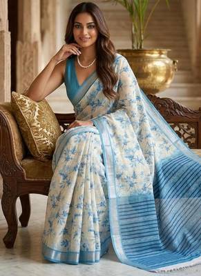 White blue ready pleated floral saree 3