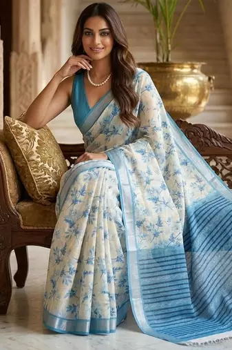 White blue ready pleated floral saree