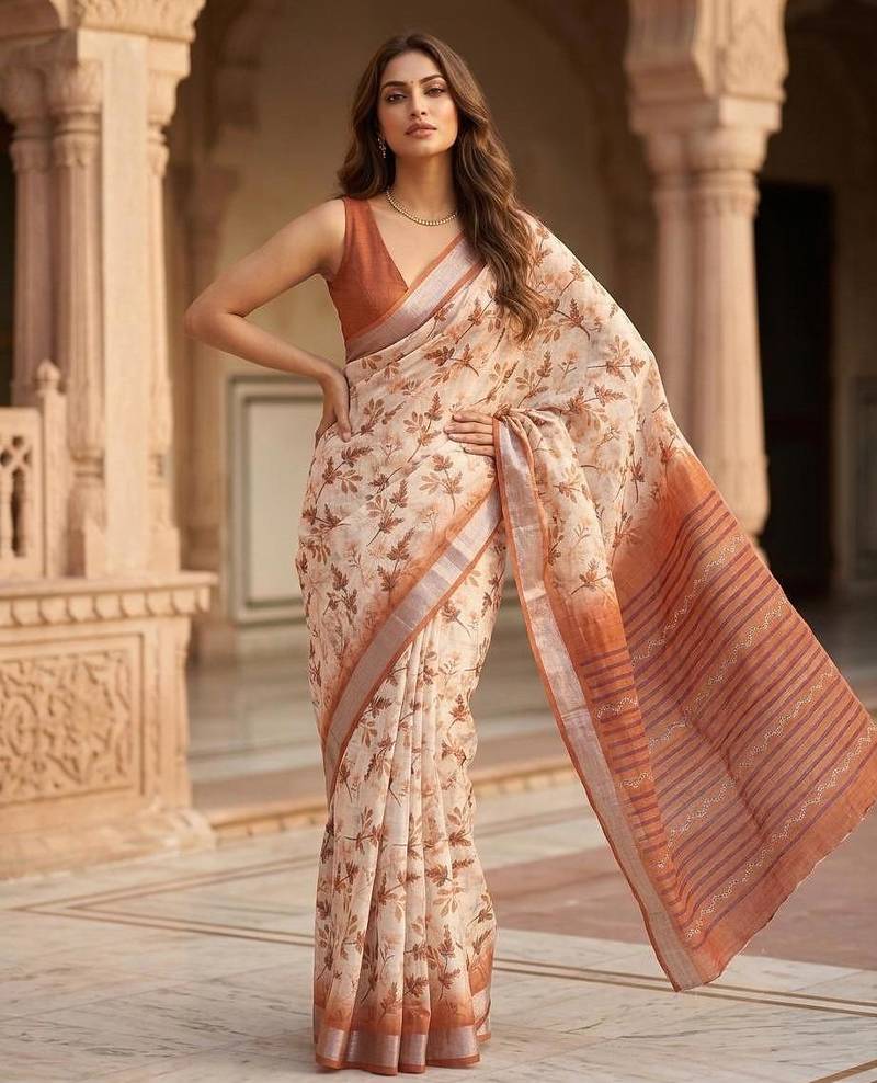Peach floral instant wear cotton saree