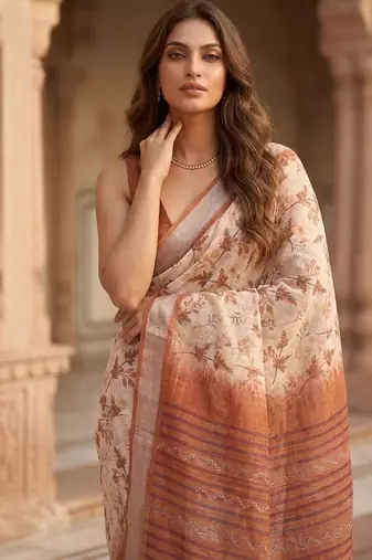 Peach floral instant wear cotton saree