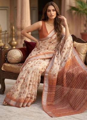 Peach floral instant wear cotton saree 3