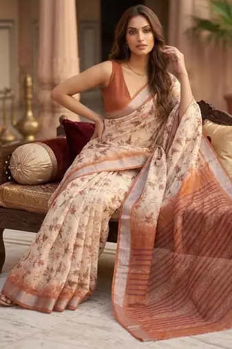 Peach floral instant wear cotton saree