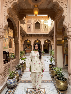 Women's white cotton floral print straight kurta farshi pant suit set 2