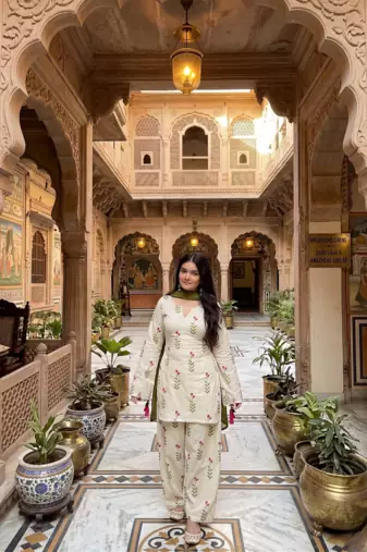 Women's white cotton floral print straight kurta farshi pant suit set