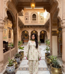 Women's white cotton floral print straight kurta farshi pant suit set