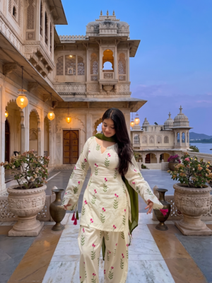 Women's white cotton floral print straight kurta farshi pant suit set 3