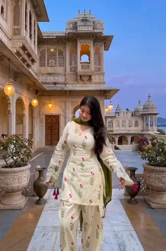 Women's white cotton floral print straight kurta farshi pant suit set