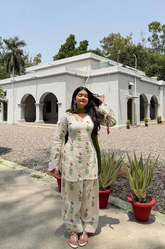 Women's white cotton floral print straight kurta farshi pant suit set