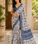 Blue printed ready to wear linen silk  saree