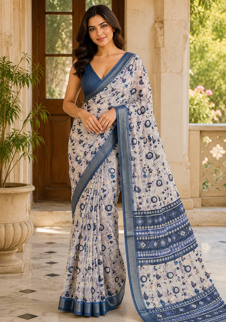 Blue printed ready to wear linen silk  saree