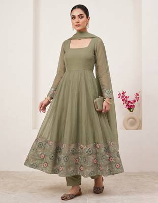 Elegant olive green embroidered anarkali suit set with dupatta for women 1