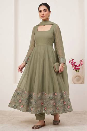 Elegant olive green embroidered anarkali suit set with dupatta for women
