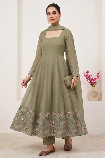 Elegant olive green embroidered anarkali suit set with dupatta for women