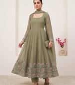 Elegant olive green embroidered anarkali suit set with dupatta for women