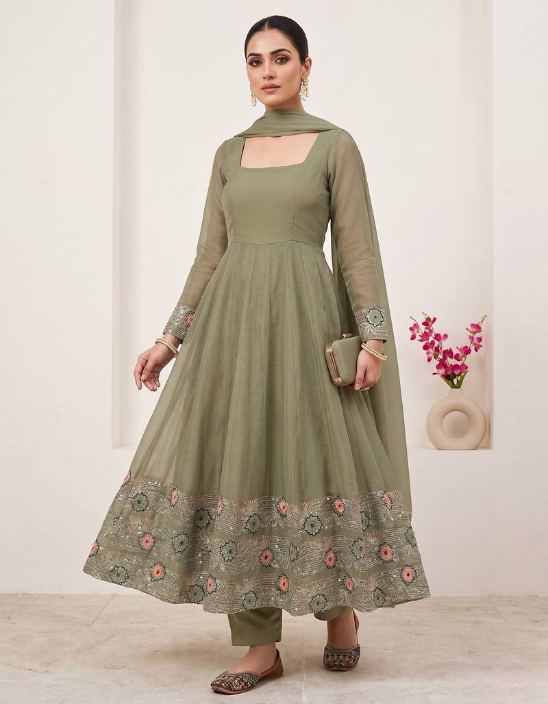 Elegant olive green embroidered anarkali suit set with dupatta for women