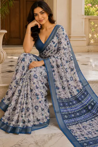 Blue printed ready to wear linen silk  saree