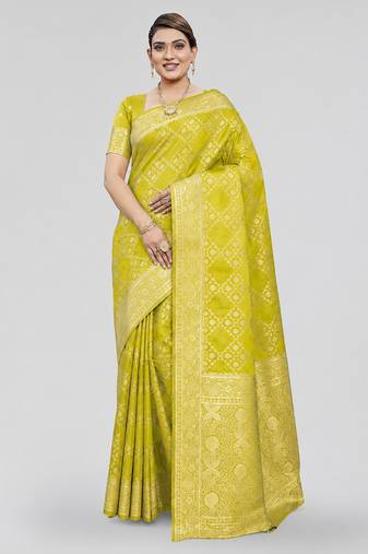 Lime yellow zari woven art silk traditional saree with unstitched blouse