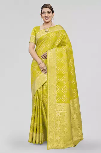 Lime yellow zari woven art silk traditional saree with unstitched blouse