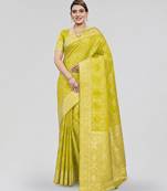 Lime yellow zari woven art silk traditional saree with unstitched blouse