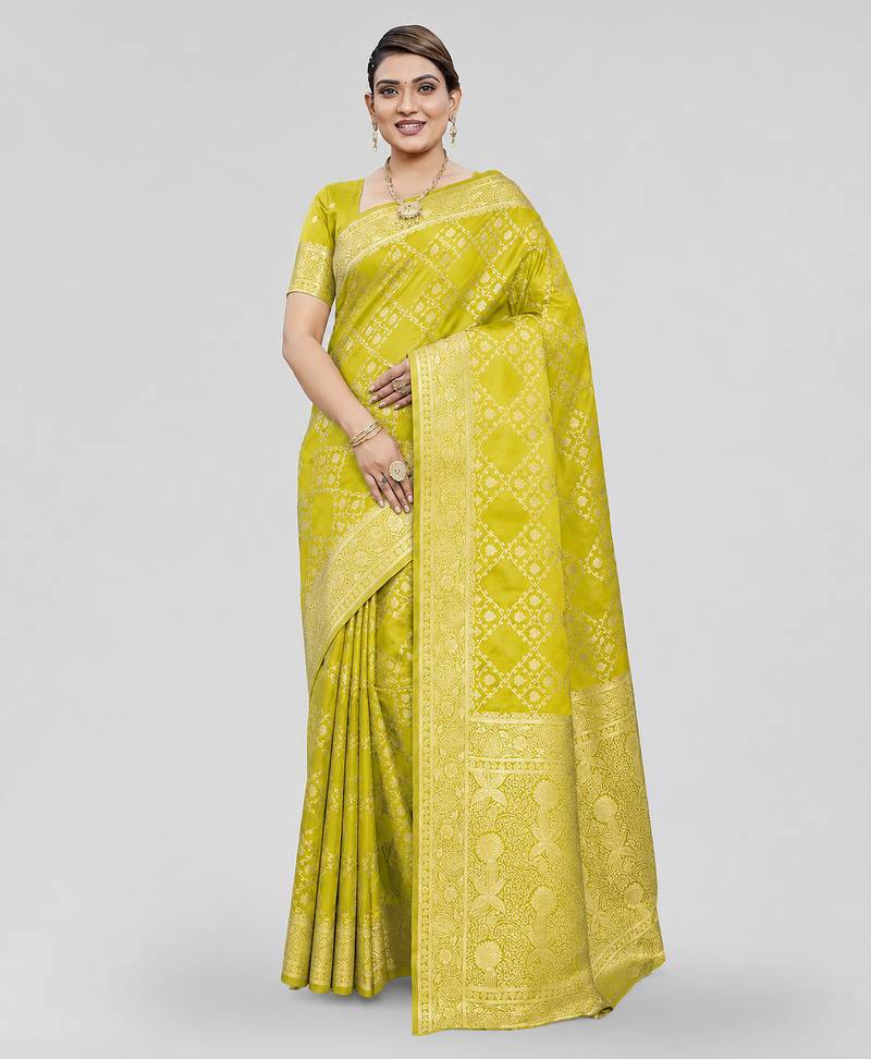 Lime yellow zari woven art silk traditional saree with unstitched blouse