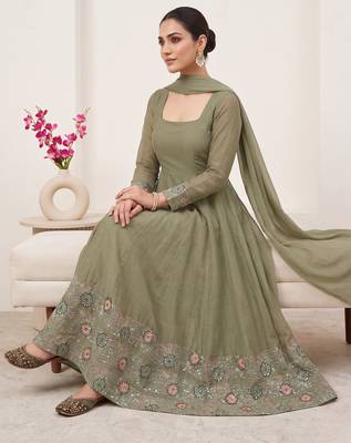 Elegant olive green embroidered anarkali suit set with dupatta for women 2