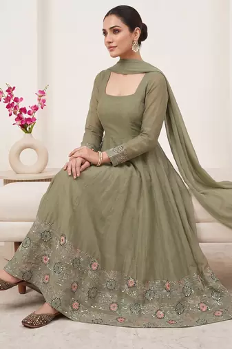 Elegant olive green embroidered anarkali suit set with dupatta for women
