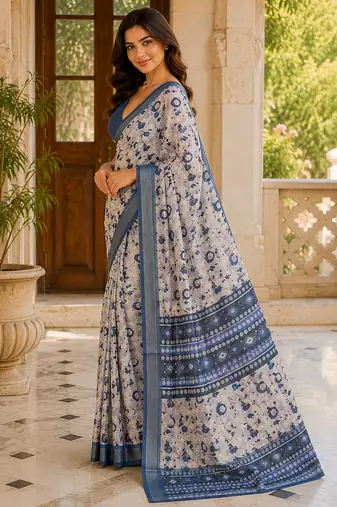 Blue printed ready to wear linen silk  saree