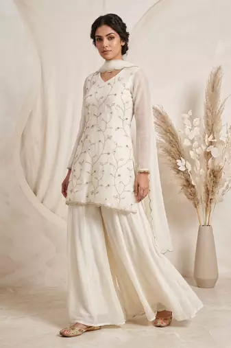 Luxury ivory embroidered sharara suit with dupatta