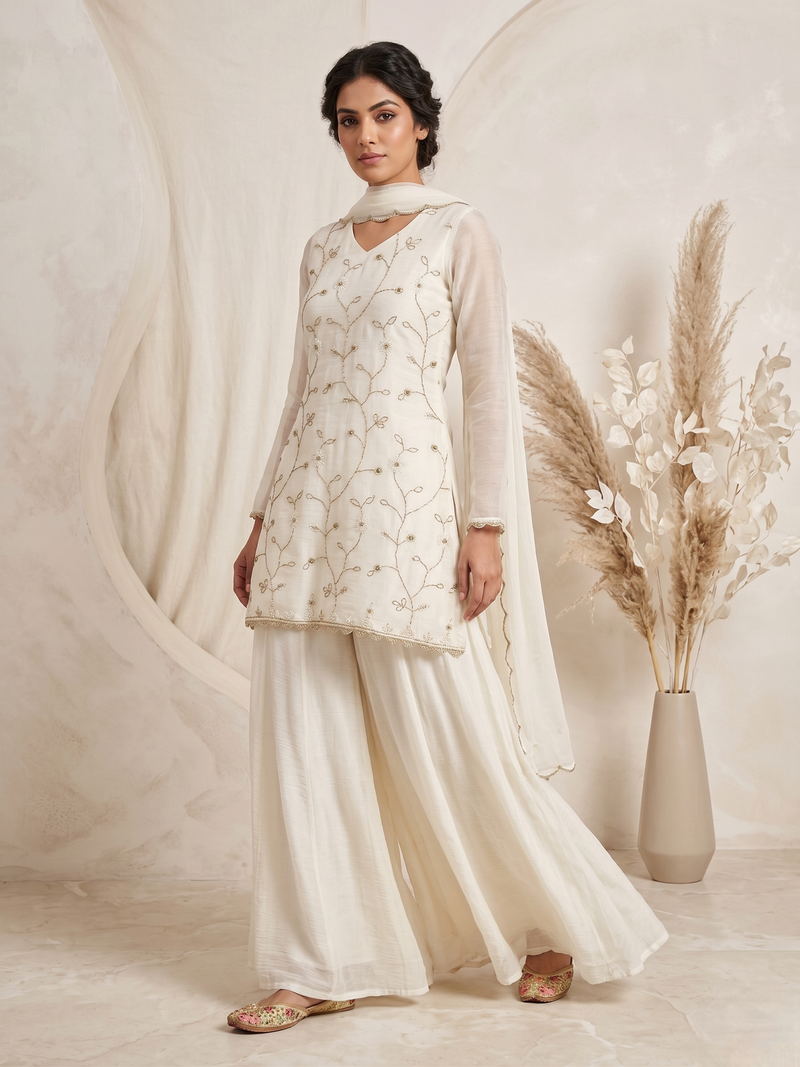 Luxury ivory embroidered sharara suit with dupatta