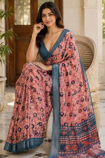 Pink readymade printed silk blend saree