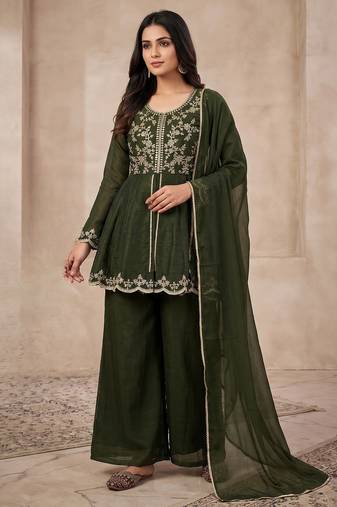 Bottle green embroidered frock-style kurta with palazzos & dupatta
