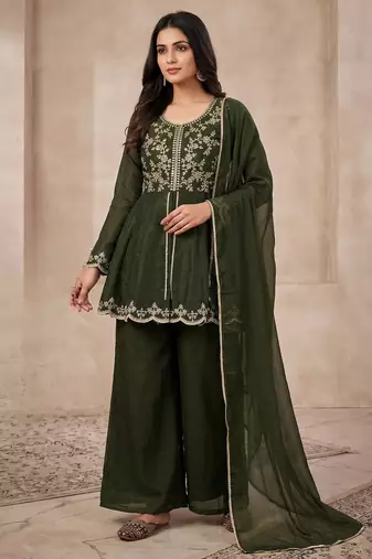 Bottle green embroidered frock-style kurta with palazzos & dupatta